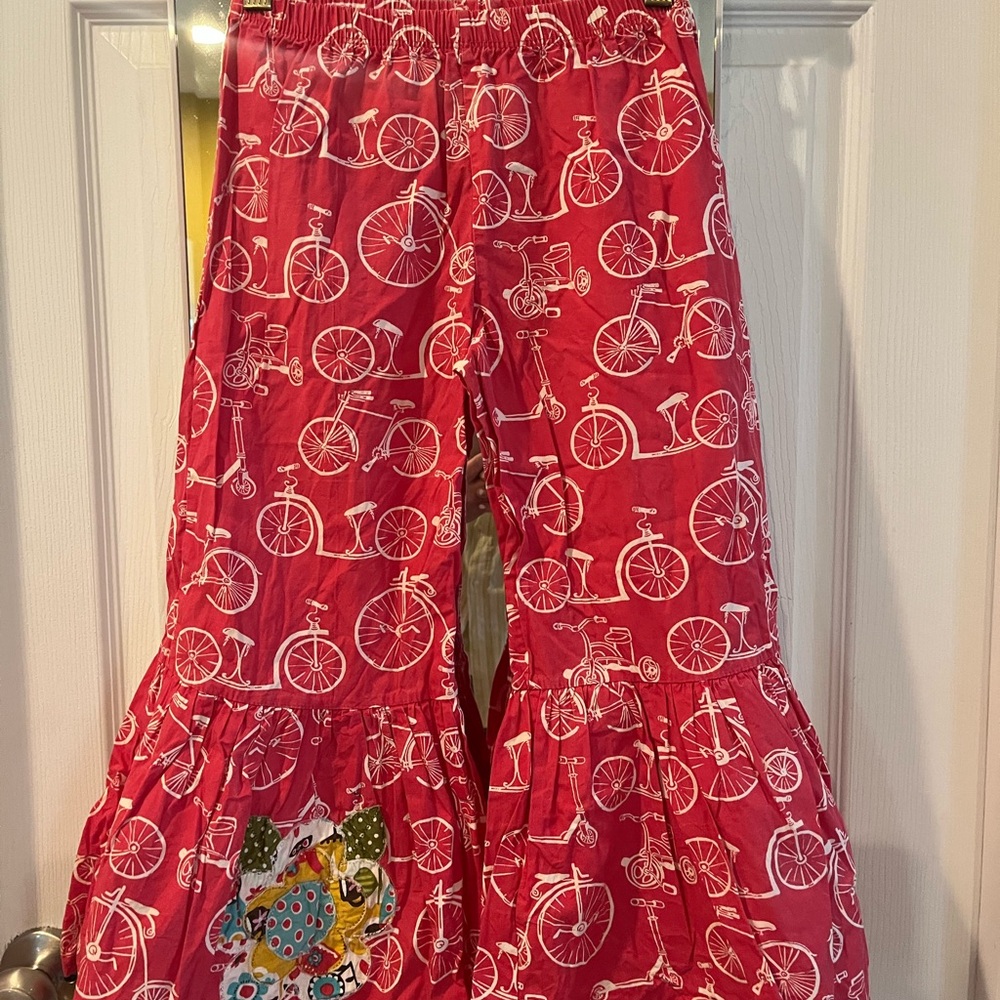 Jelly the Pug wide leg Big Bells Red Bicycle Print Pants